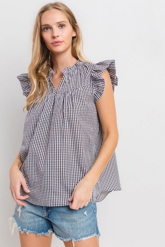 Ces Femme Plaid Notched Ruffled Cap Sleeve Blouse - S. M. & Co.