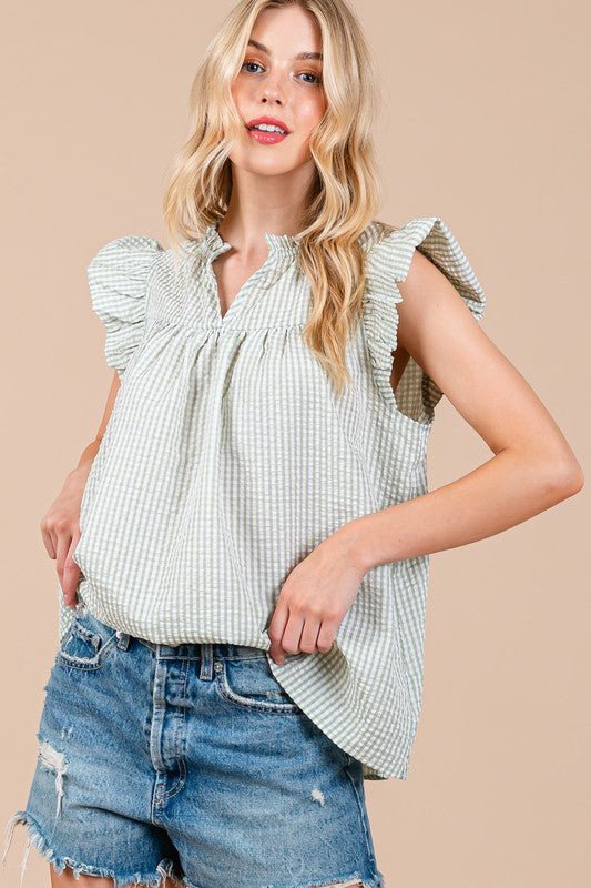 Ces Femme Plaid Notched Ruffled Cap Sleeve Blouse - S. M. & Co.