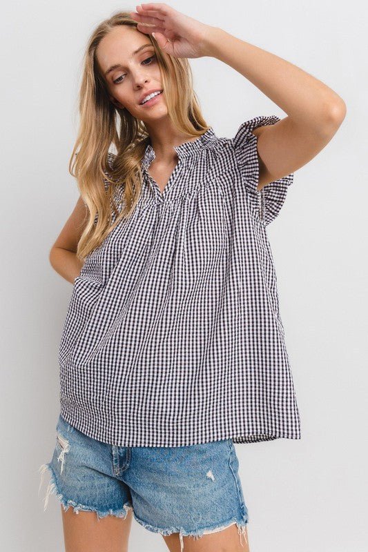 Ces Femme Plaid Notched Ruffled Cap Sleeve Blouse - S. M. & Co.