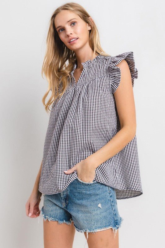 Ces Femme Plaid Notched Ruffled Cap Sleeve Blouse - S. M. & Co.