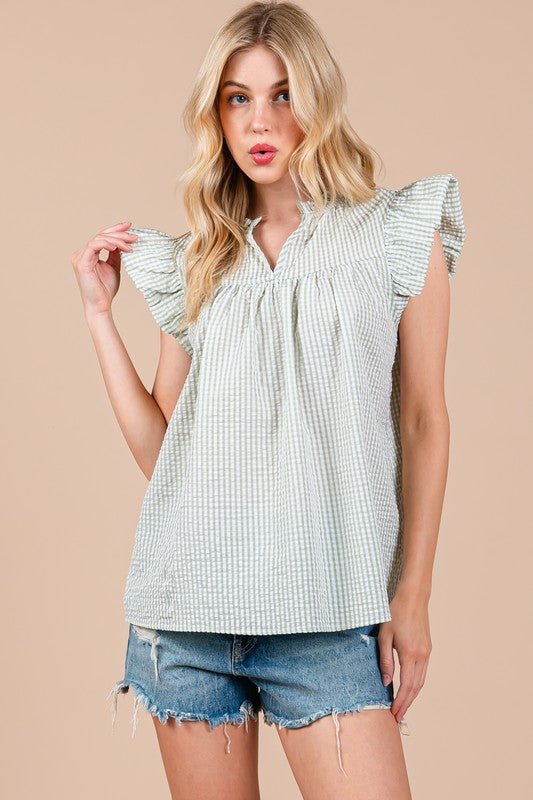 Ces Femme Plaid Notched Ruffled Cap Sleeve Blouse - S. M. & Co.