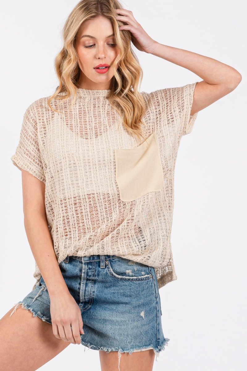 Ces Femme See Through Crochet Mock Neck Cover Up - S. M. & Co.