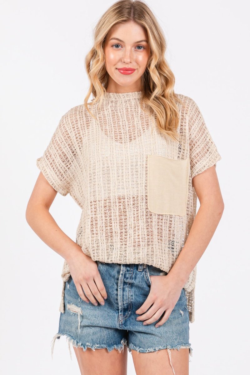 Ces Femme See Through Crochet Mock Neck Cover Up - S. M. & Co.