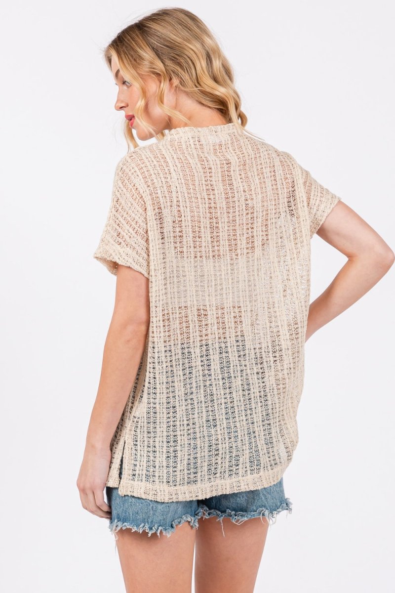 Ces Femme See Through Crochet Mock Neck Cover Up - S. M. & Co.