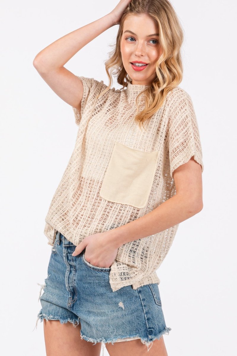 Ces Femme See Through Crochet Mock Neck Cover Up - S. M. & Co.