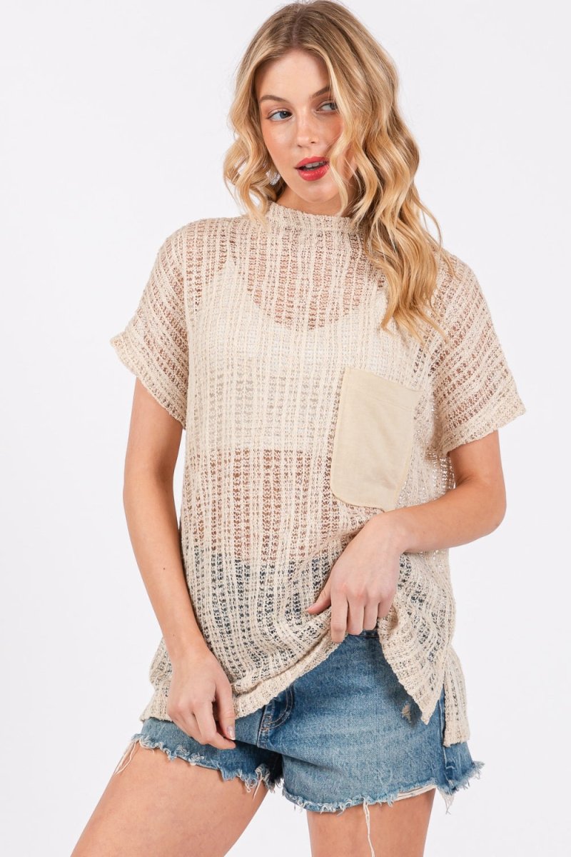 Ces Femme See Through Crochet Mock Neck Cover Up - S. M. & Co.