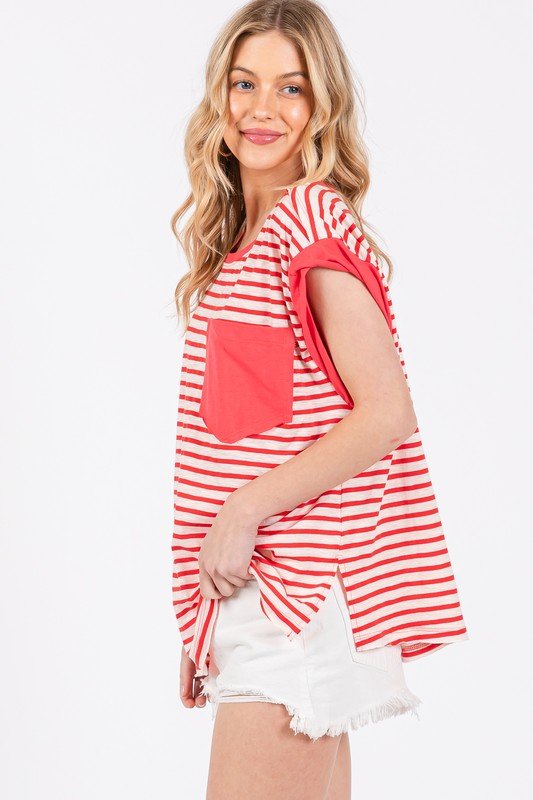 Ces Femme Side Slit Striped Cap Sleeve T-Shirt - S. M. & Co.