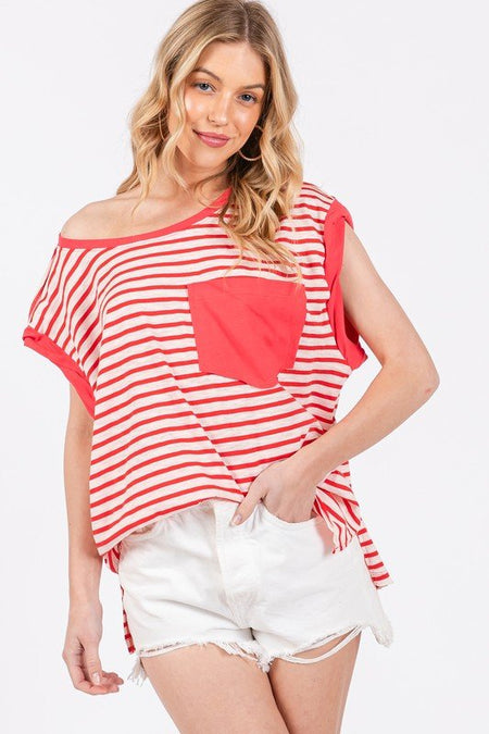 Ces Femme Side Slit Striped Cap Sleeve T-Shirt - S. M. & Co.