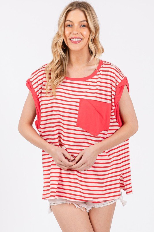 Ces Femme Side Slit Striped Cap Sleeve T-Shirt - S. M. & Co.