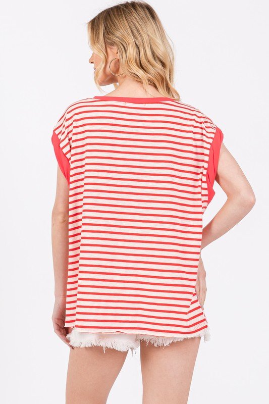 Ces Femme Side Slit Striped Cap Sleeve T-Shirt - S. M. & Co.