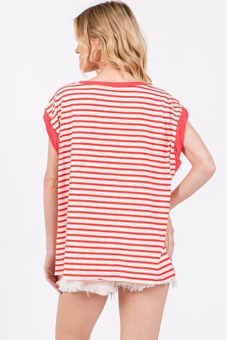 Ces Femme Side Slit Striped Cap Sleeve T-Shirt - S. M. & Co.