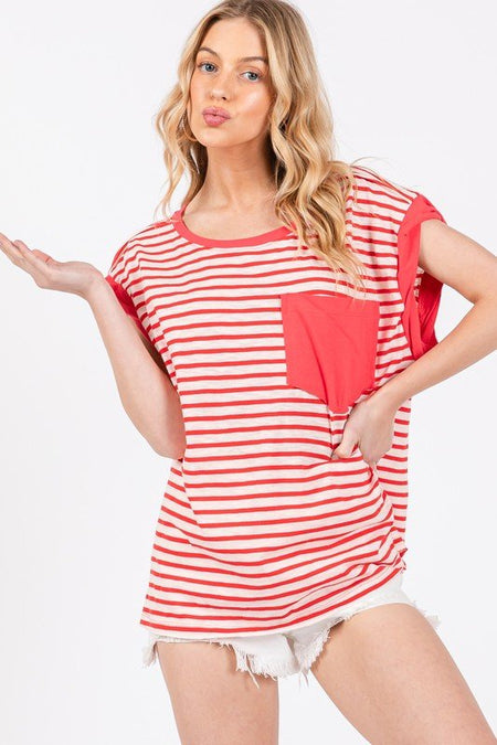 Ces Femme Side Slit Striped Cap Sleeve T-Shirt - S. M. & Co.