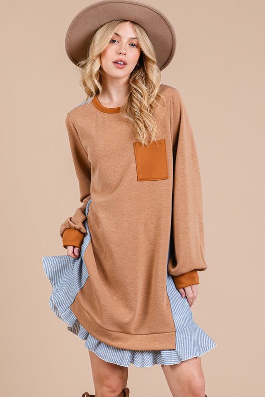 Ces Femme Striped Patchwork Round Neck Terry Sweatshirt Dress - S. M. & Co.