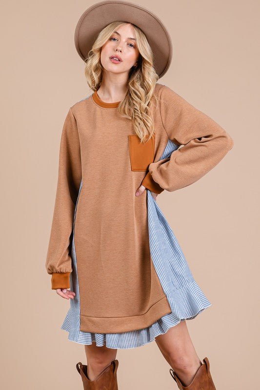 Ces Femme Striped Patchwork Round Neck Terry Sweatshirt Dress - S. M. & Co.