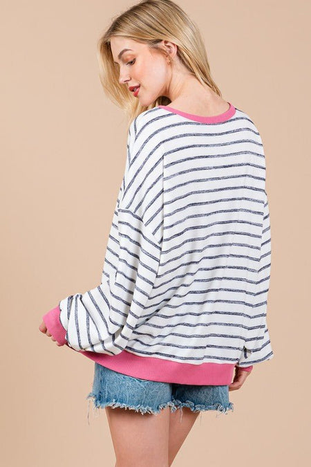 Ces Femme Striped Round Neck Drop Shoulder Sweatshirt - S. M. & Co.