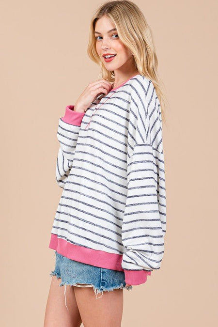 Ces Femme Striped Round Neck Drop Shoulder Sweatshirt - S. M. & Co.