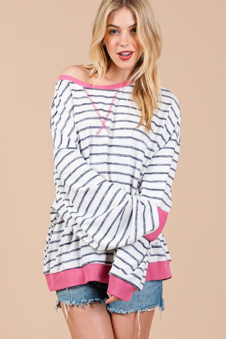 Ces Femme Striped Round Neck Drop Shoulder Sweatshirt - S. M. & Co.