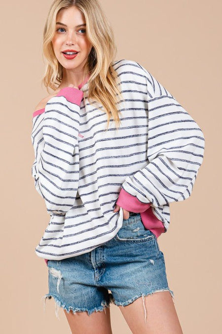 Ces Femme Striped Round Neck Drop Shoulder Sweatshirt - S. M. & Co.