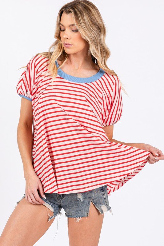 Ces Femme Striped Round Neck Short Sleeve T-Shirt - S. M. & Co.