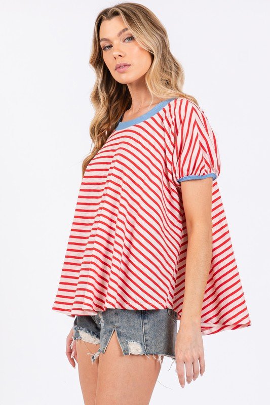 Ces Femme Striped Round Neck Short Sleeve T-Shirt - S. M. & Co.