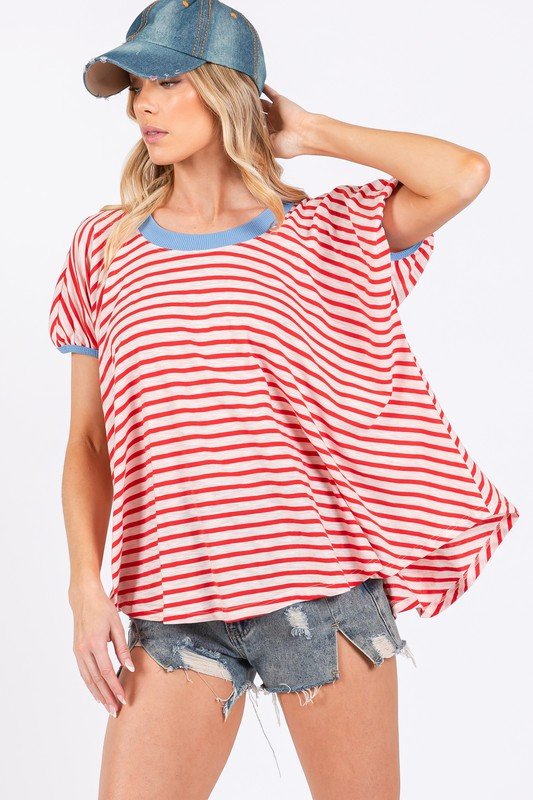 Ces Femme Striped Round Neck Short Sleeve T-Shirt - S. M. & Co.