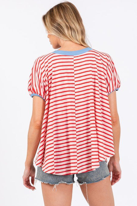 Ces Femme Striped Round Neck Short Sleeve T-Shirt - S. M. & Co.