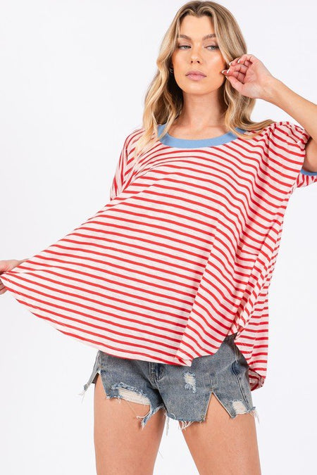 Ces Femme Striped Round Neck Short Sleeve T-Shirt - S. M. & Co.