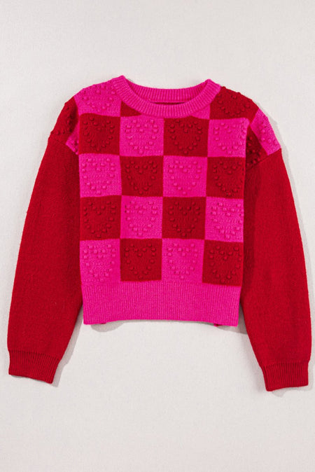 Checkered Round Neck Dropped Shoulder Sweater - S. M. & Co.