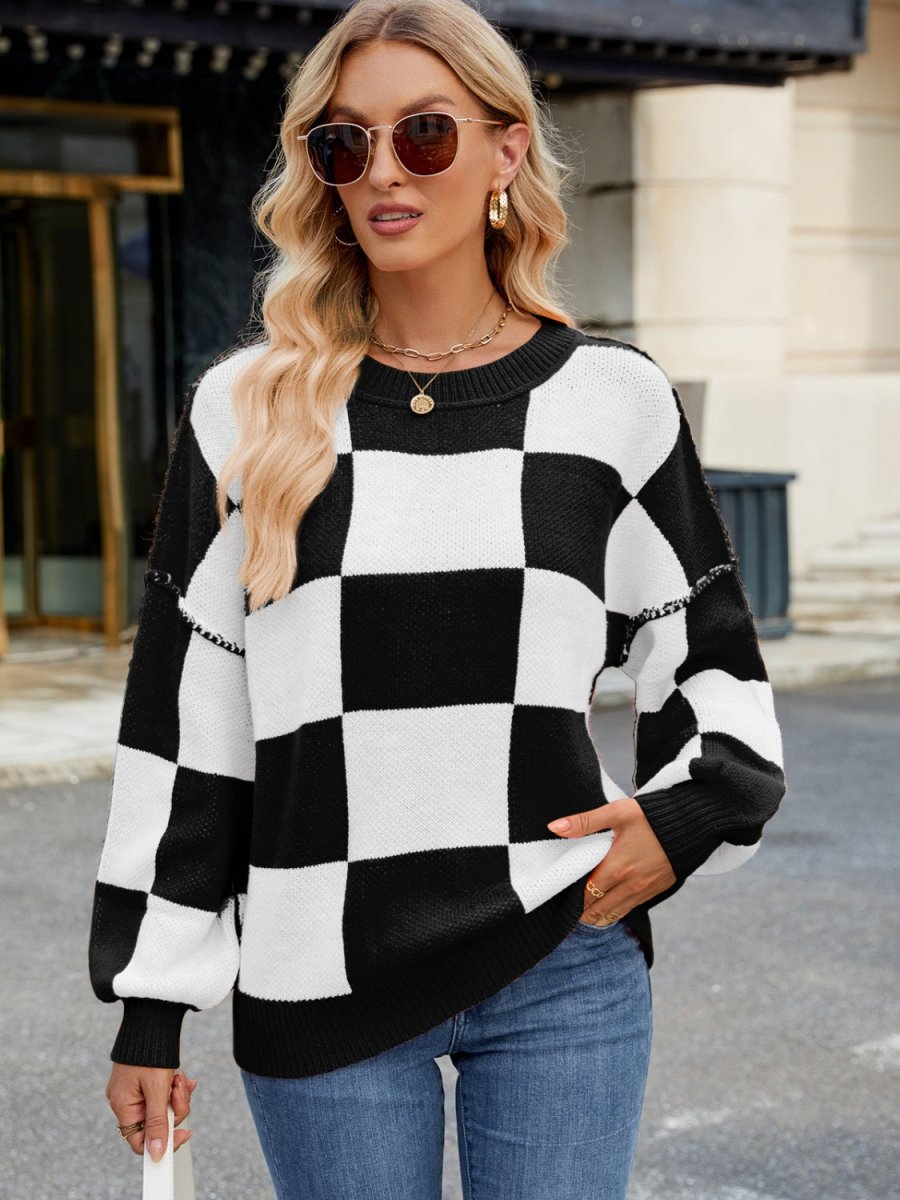 Checkered Round Neck Long Sleeve Sweater - S. M. & Co.