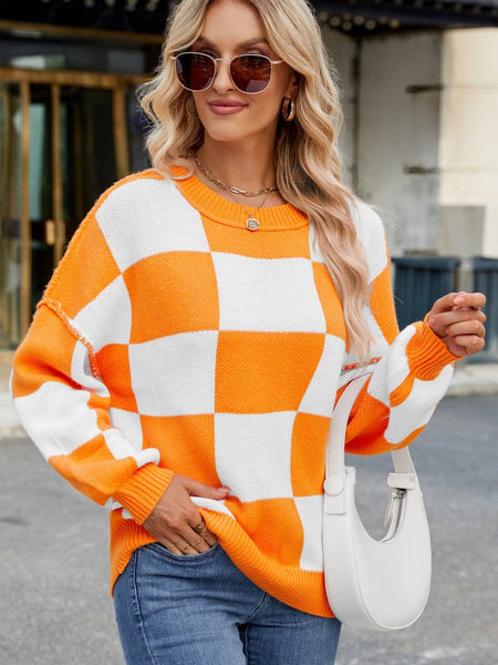 Checkered Round Neck Long Sleeve Sweater - S. M. & Co.