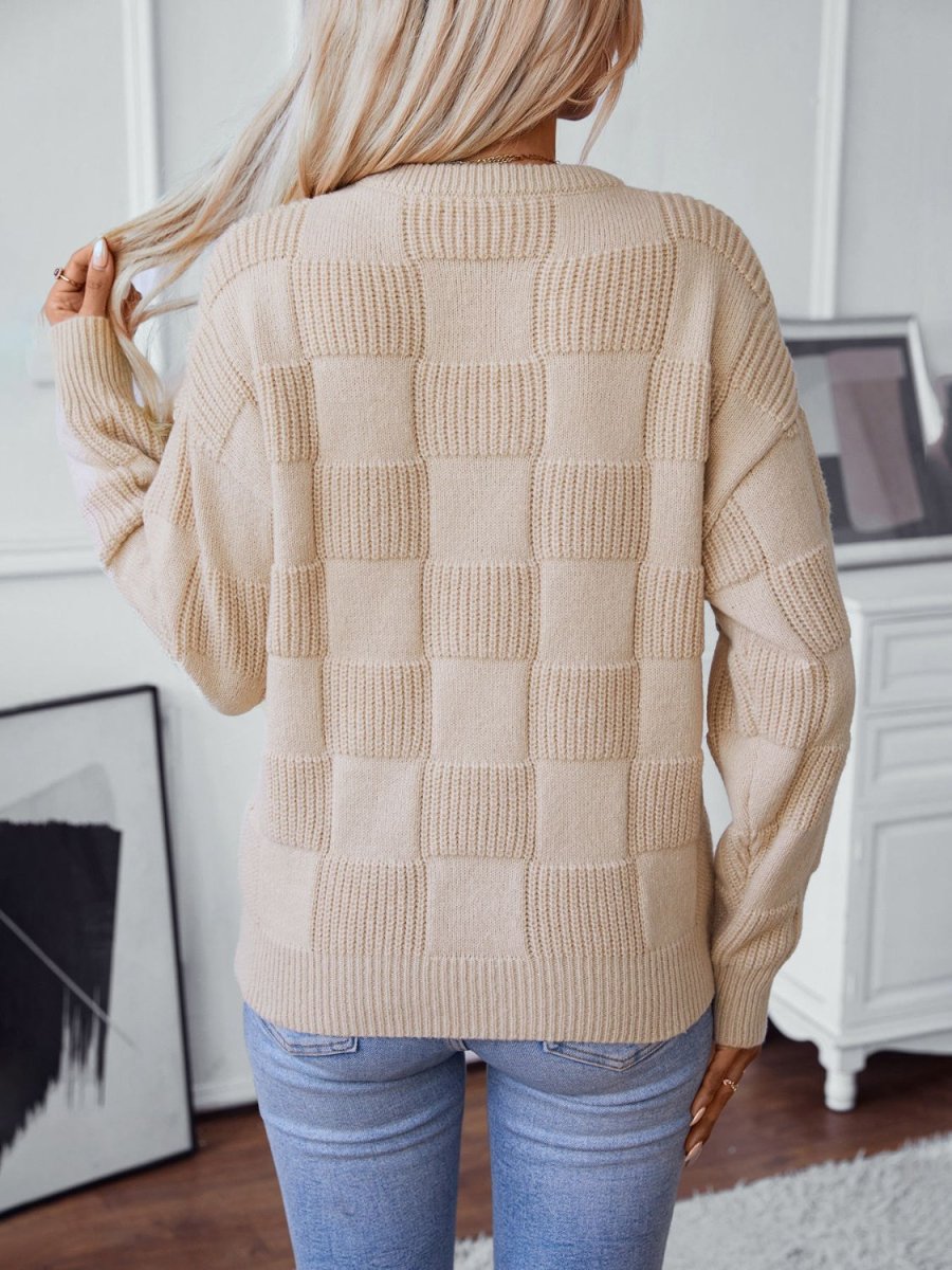 Checkered Round Neck Long Sleeve Sweater - S. M. & Co.