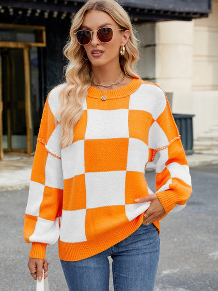 Checkered Round Neck Long Sleeve Sweater - S. M. & Co.