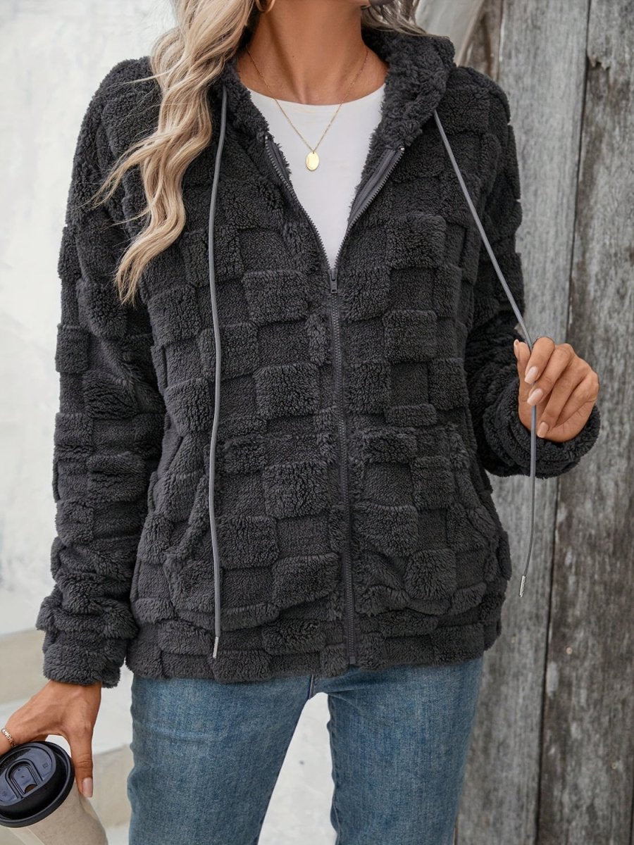 Checkered Texture Zip Up Drawstring Fuzzy Jacket - S. M. & Co.