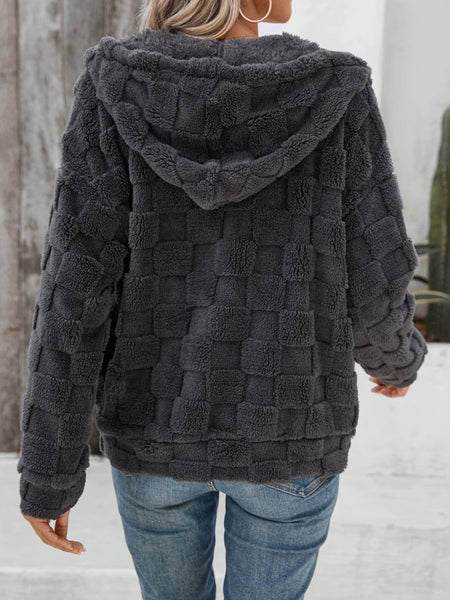 Checkered Texture Zip Up Drawstring Fuzzy Jacket - S. M. & Co.