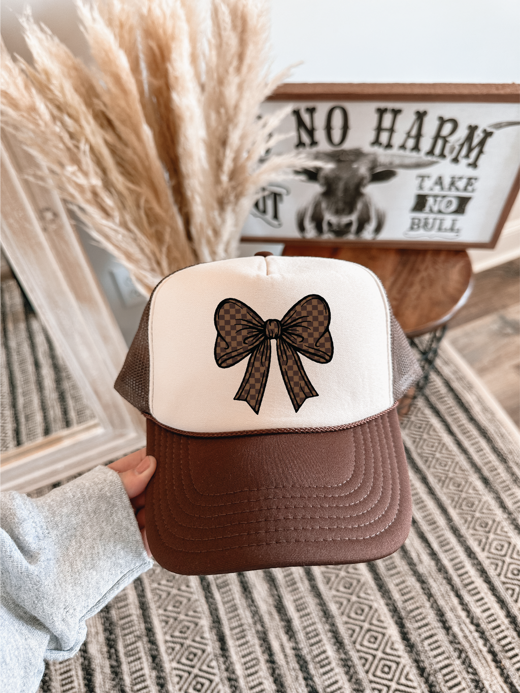 Brown Checkered Bow DTF Printed Brown & Tan Trucker Hat