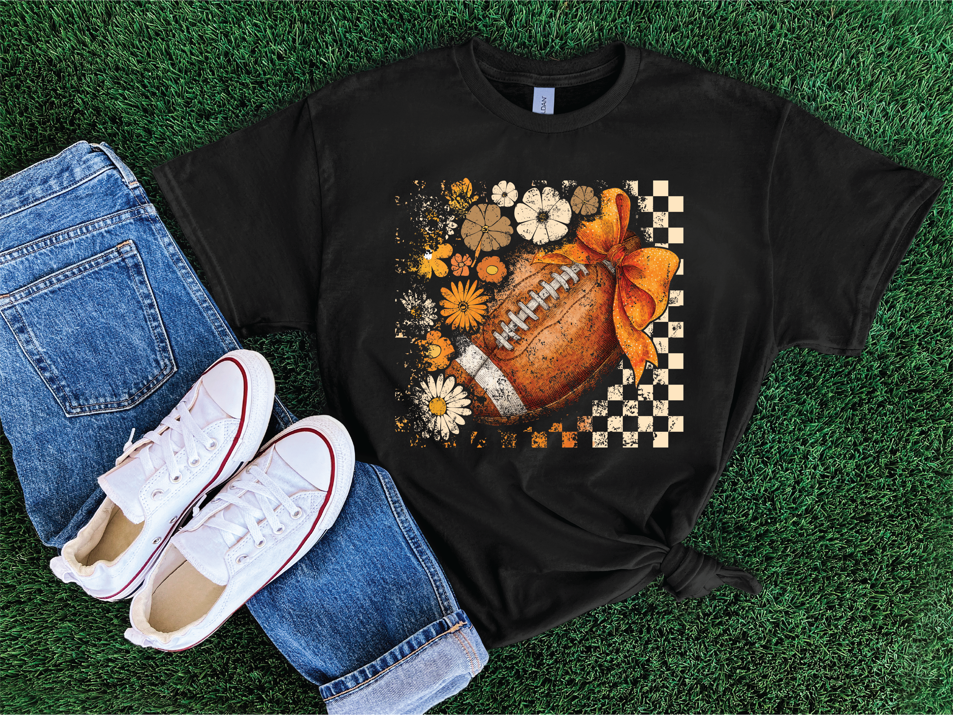 Checkered Floral Football- Football Graphic T-shirt