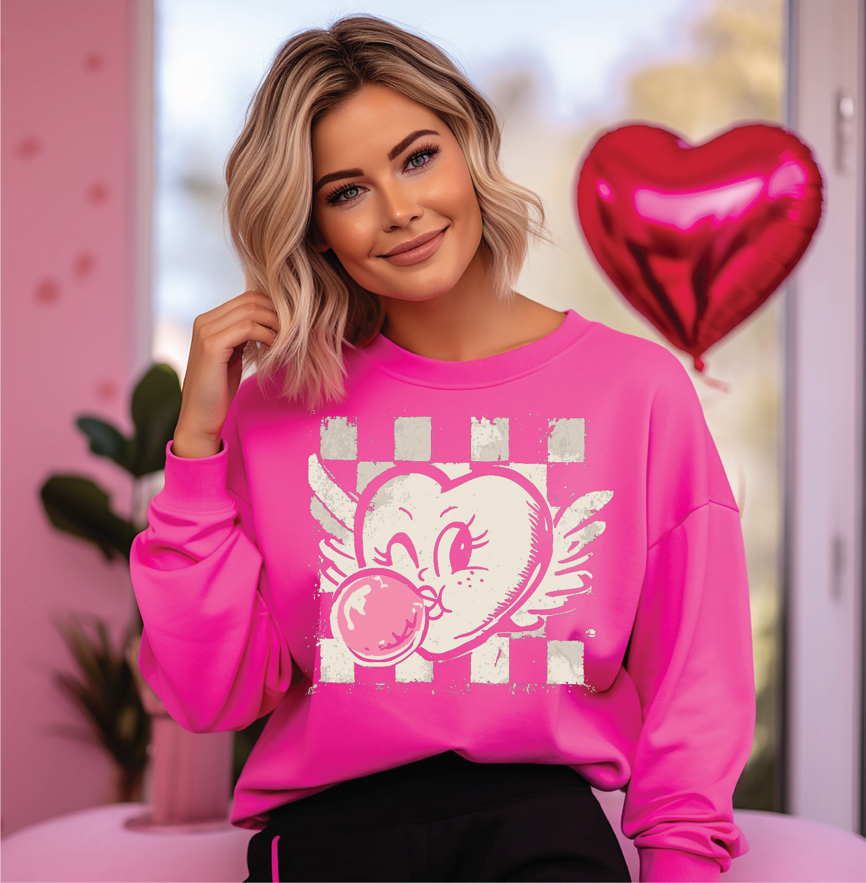 Checkered Bubble Gum Heart- Graphic Sweater