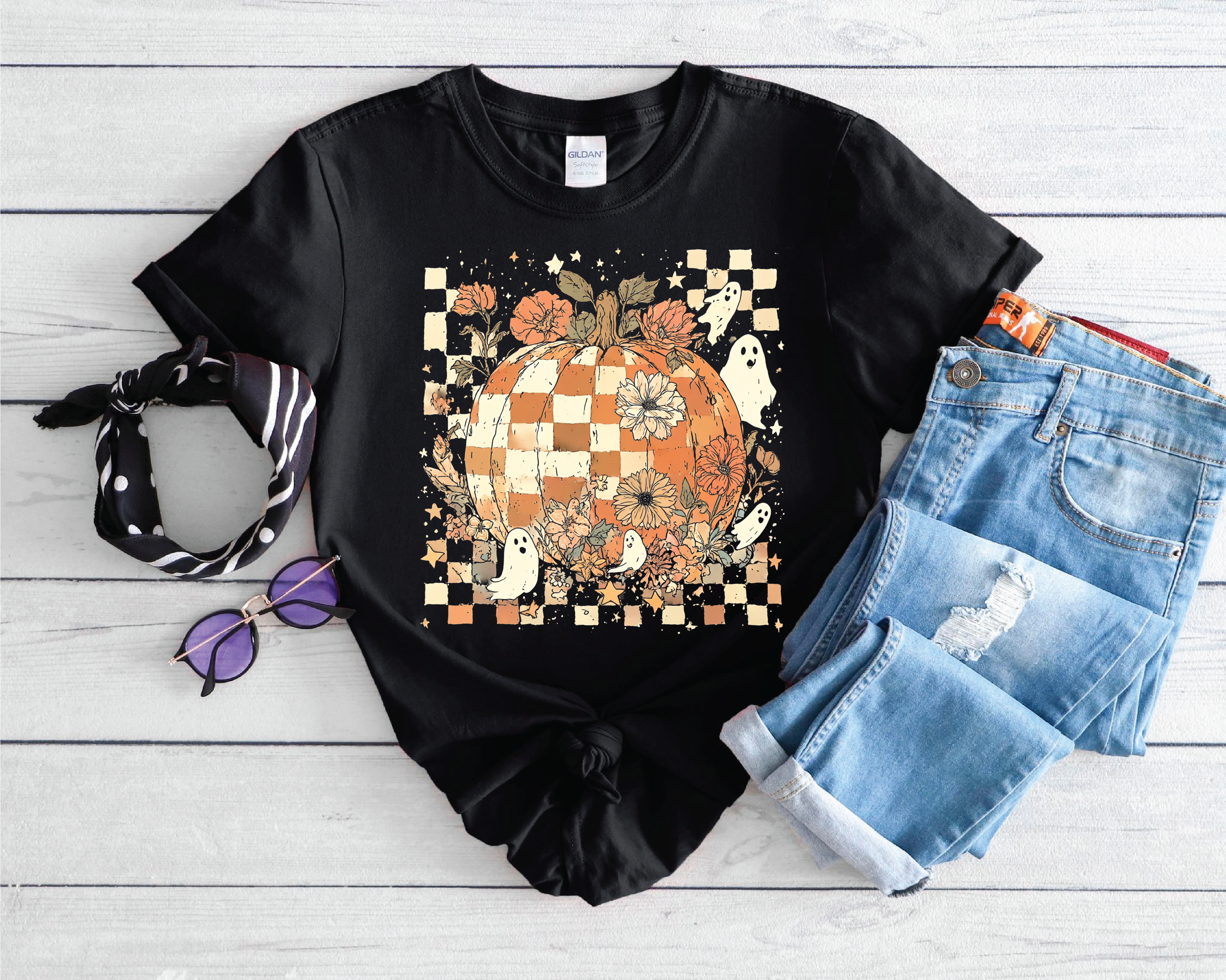 Checkered Pumpkin Ghosts- Fall Graphic T-shirt
