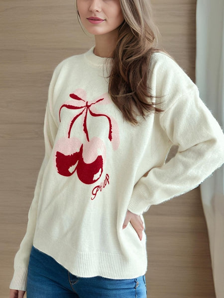 Cherry Round Neck Long Sleeve Sweater - S. M. & Co.