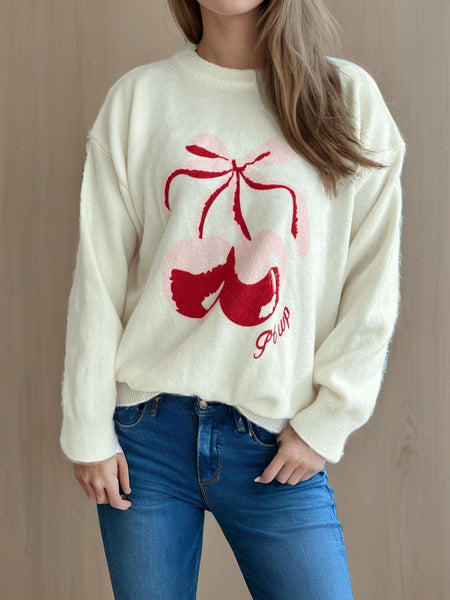 Cherry Round Neck Long Sleeve Sweater - S. M. & Co.