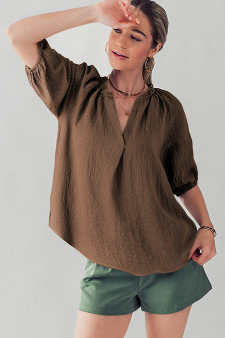 Chicory Coffee Frill Split Neck Puff Sleeve Crinkle Blouse - S. M. & Co. Tops/Blouses & Shirts