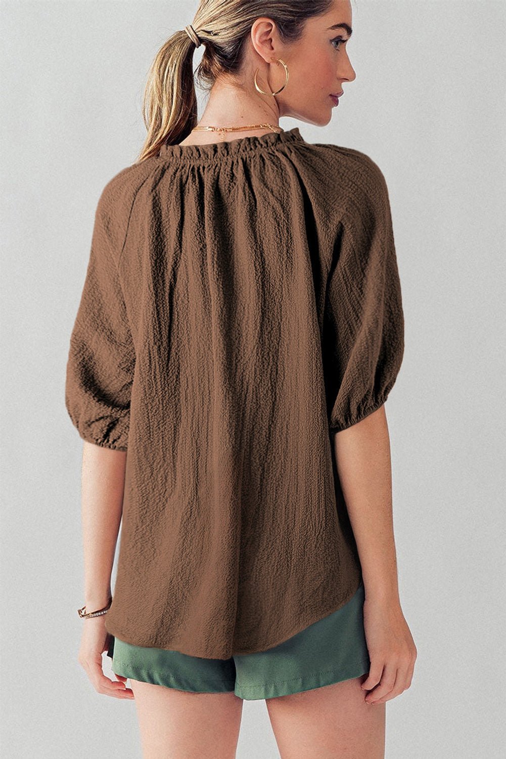 Chicory Coffee Frill Split Neck Puff Sleeve Crinkle Blouse - S. M. & Co. Tops/Blouses & Shirts