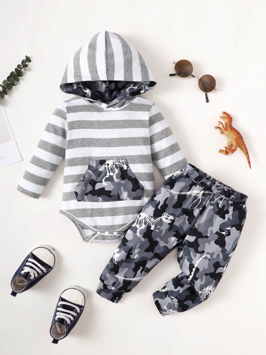 Children's Striped Hooded Bodysuit and Camouflage Pants Set - S. M. & Co.