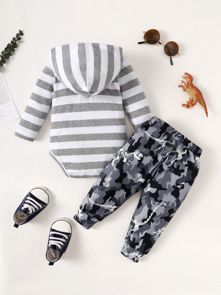 Children's Striped Hooded Bodysuit and Camouflage Pants Set - S. M. & Co.