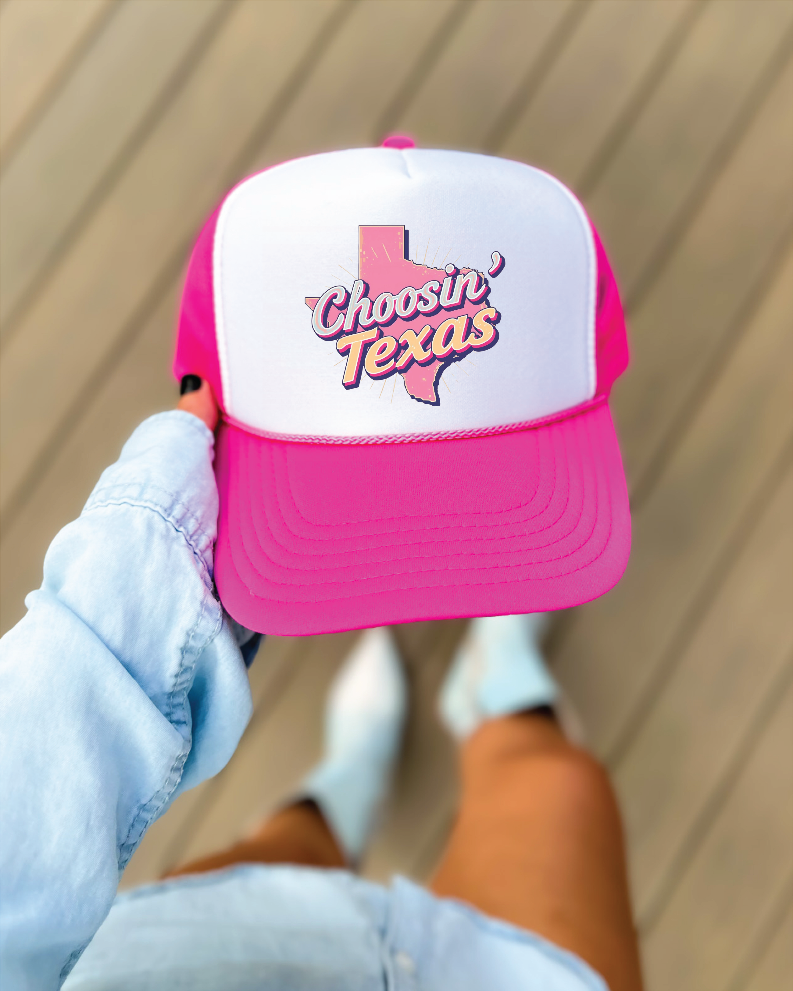 Choosing Texas DTF Printed Hot Pink and White Trucker Hat