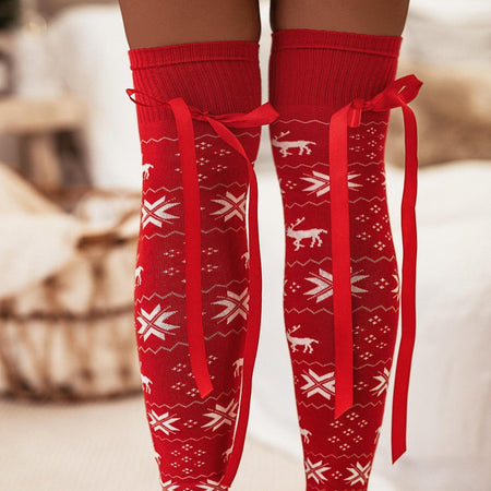 Christmas Element Bowknot Ribbed Trim Over Knee Stockings - S. M. & Co.