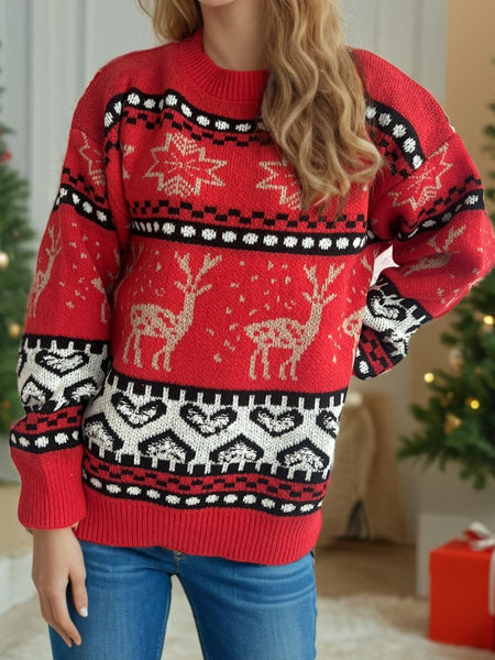 Christmas Element Round Neck Long Sleeve Sweater - S. M. & Co.