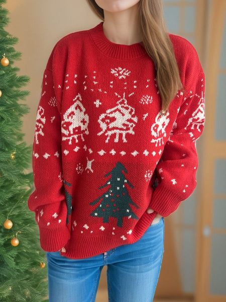 Christmas Element Round Neck Long Sleeve Sweater - S. M. & Co.