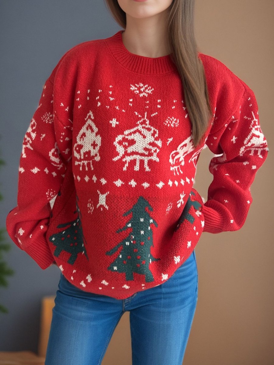 Christmas Element Round Neck Long Sleeve Sweater - S. M. & Co.