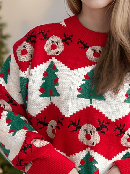 Christmas Element Round Neck Long Sleeve Sweater - S. M. & Co.